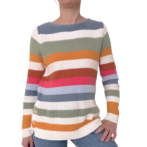 MULTICOLOR STRIPE  RAINBOW BOAT NECK COTTON JUMPER SWEATER WOMEN SIZE SMALL - Picture 3 of 12